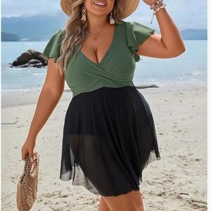 Women's Plus Size One Piece Ruffle V Neck Swim Dress - NWT